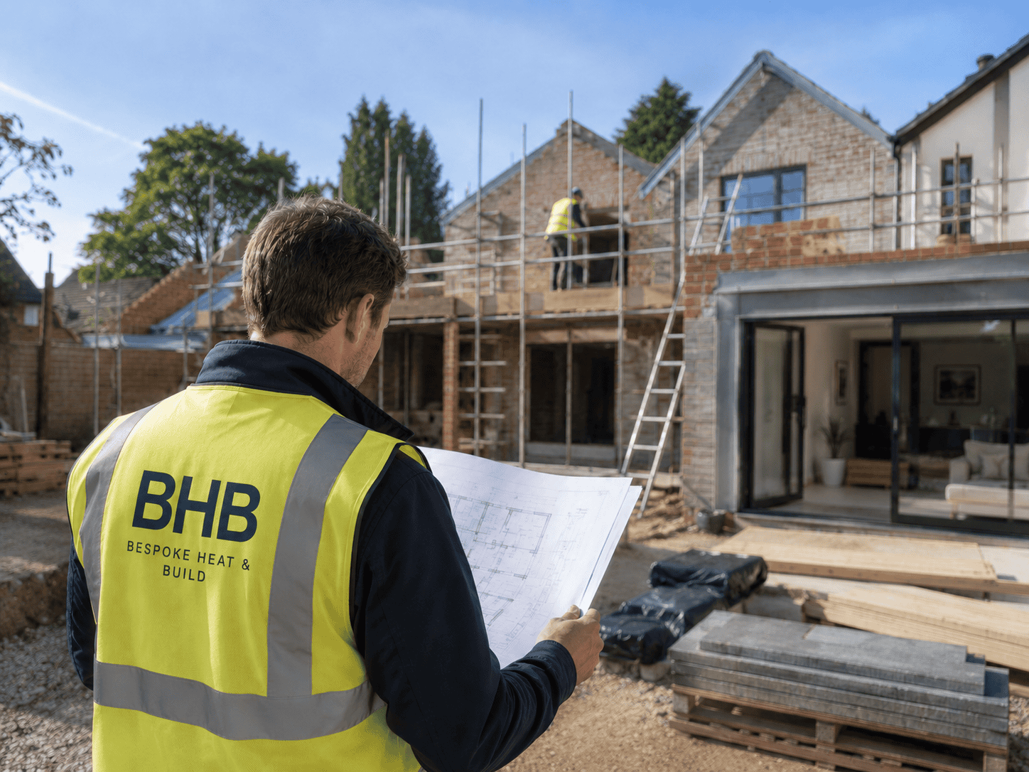 Project manager reviewing plans on a residential building site