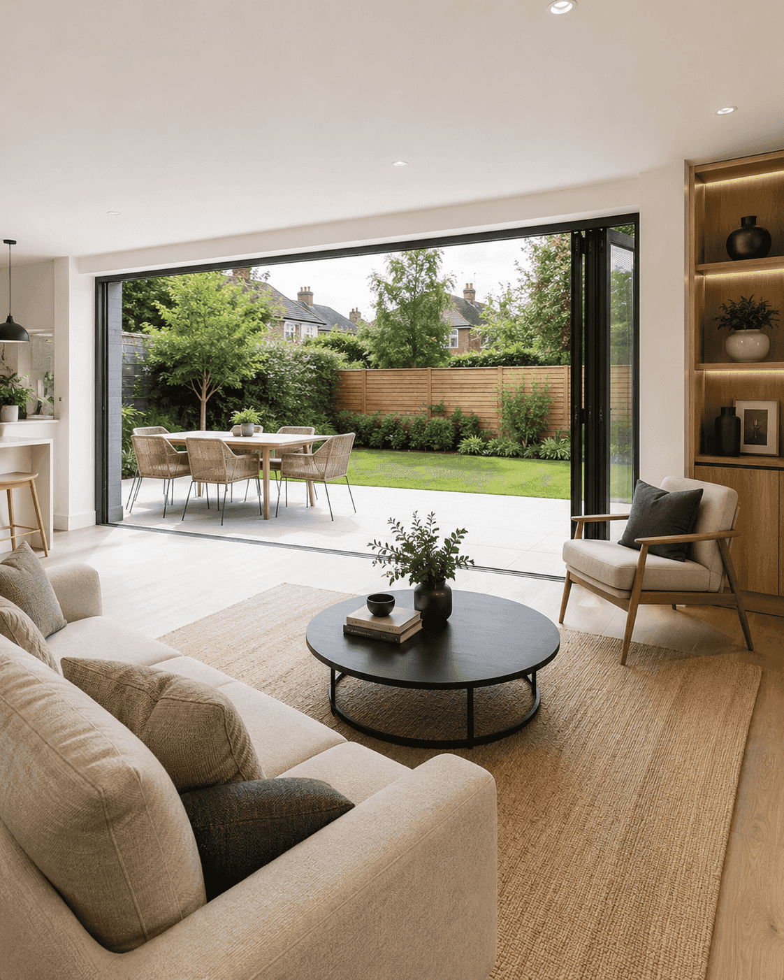 Open-plan living space with bifold doors opening onto a landscaped garden
