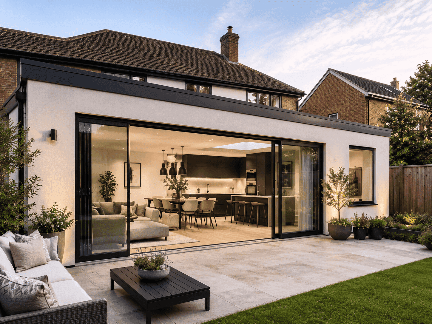 Completed modern home extension with large sliding doors and landscaped patio