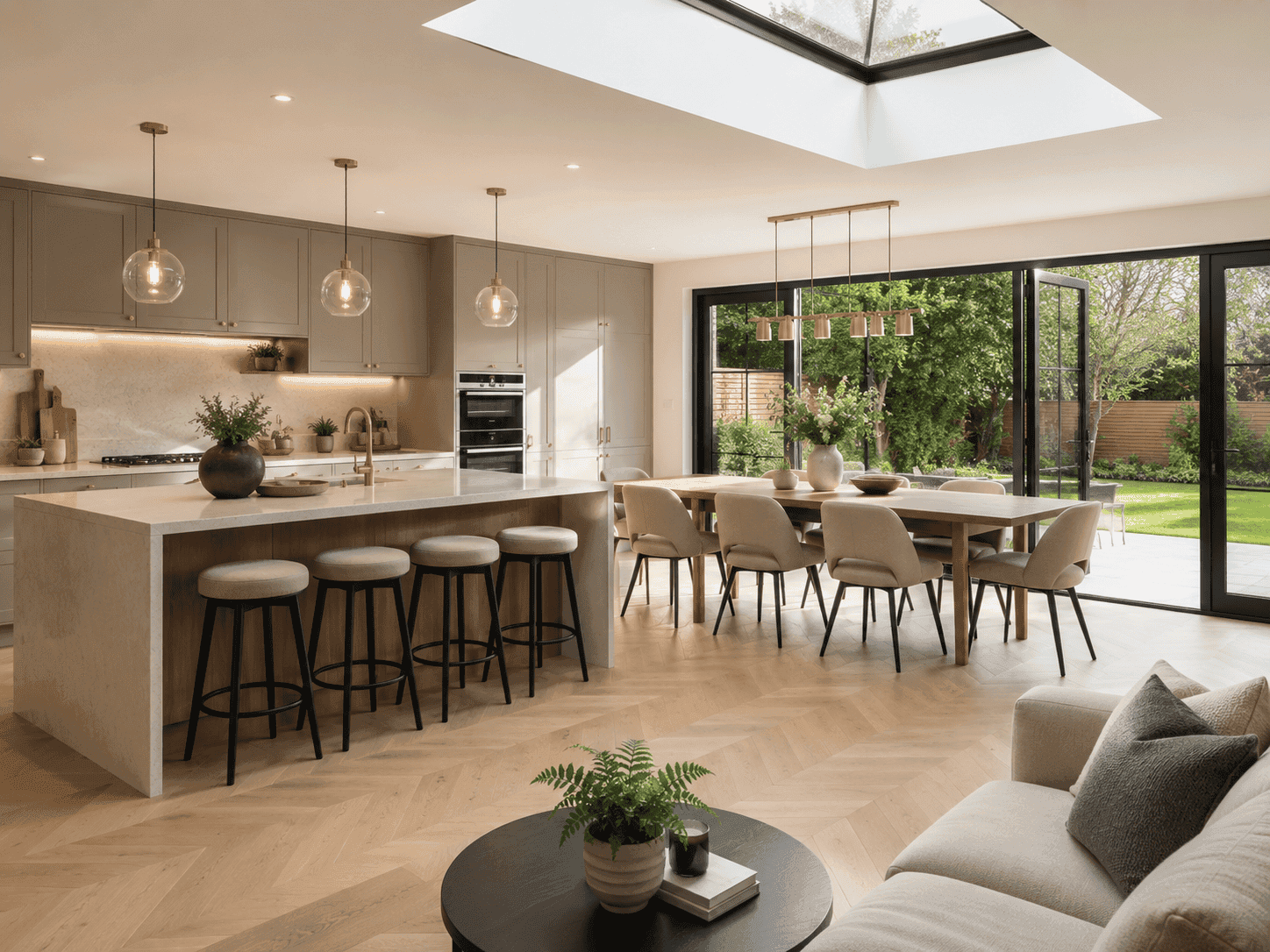 Completed open-plan kitchen and dining renovation with refined finishes