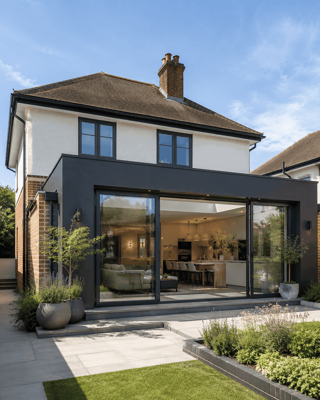Completed modern rear extension with sliding glass doors and landscaped patio